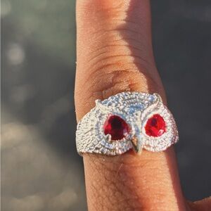 Silver Owl Ring with Vibrant Red Accents